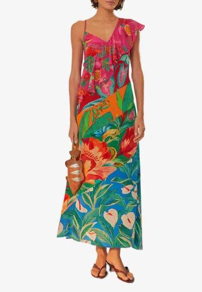 Farm Rio Mixed Flowery One-shoulder Midi Dress In Multicolor