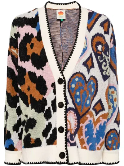 Farm Rio Mixed Ikat Hearts Cardigan In Hearts Ikat Cream
