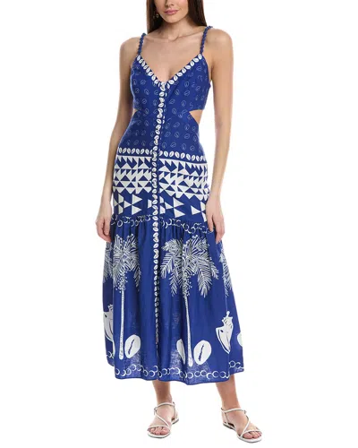 Farm Rio Mixed Ondina Blue Linen-blend Midi Dress