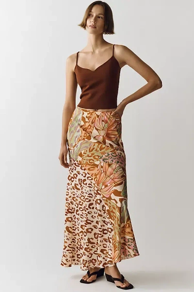 Farm Rio Mixed Print Slip Skirt In Brown