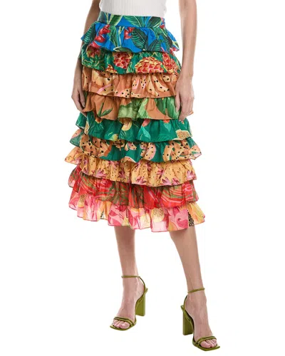 Farm Rio Mixed Prints Multi Layered Midi Skirt In Green