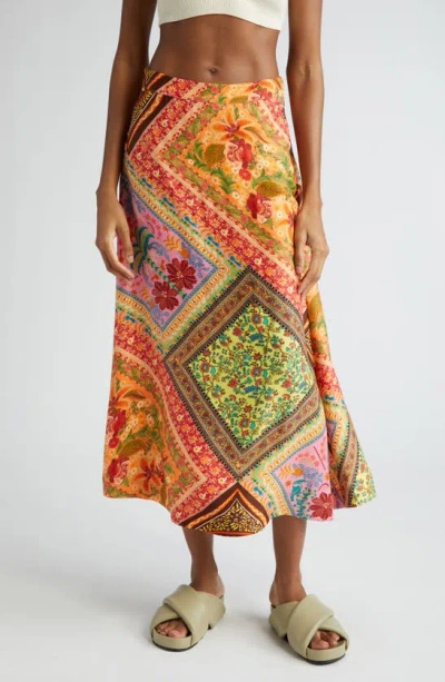 Farm Rio Mixed Scarf Print A-line Midi Skirt In Multicolor