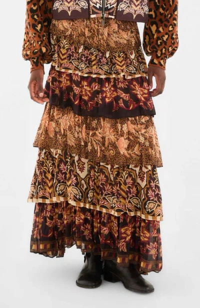 Farm Rio Mixed Scarf Print Tiered Ruffle Maxi Skirt In Multi