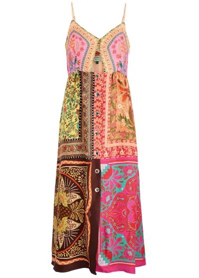 Farm Rio Mixed Scarves Printed Satin Midi Dress In Multicoloured