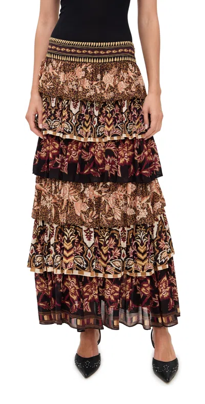 Farm Rio Mixed Scarves Ruffled Maxi Skirt Mixed Scarves In Brown