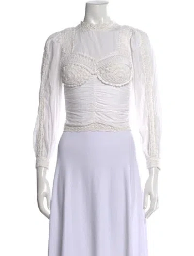 Pre-owned Farm Rio Mock Neck Long Sleeve Blouse In White