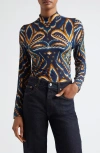 Farm Rio Mock Neck Long Sleeve Stretch Jersey Top In Pineapple Ikat Blue