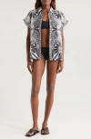 Farm Rio Monochrome Elegance Scarf Cover-up Shirt In Off-white