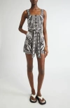 Farm Rio Monochrome Elegance Belted Shirred Printed Linen-blend Playsuit In Off-white