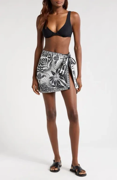 Farm Rio Monochrome Elegance Scarf Print Cover-up Wrap Miniskirt In Off-white