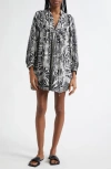 Farm Rio Monochrome Elegance Scarf Print Long Sleeve Linen Blend Minidress In Black And White