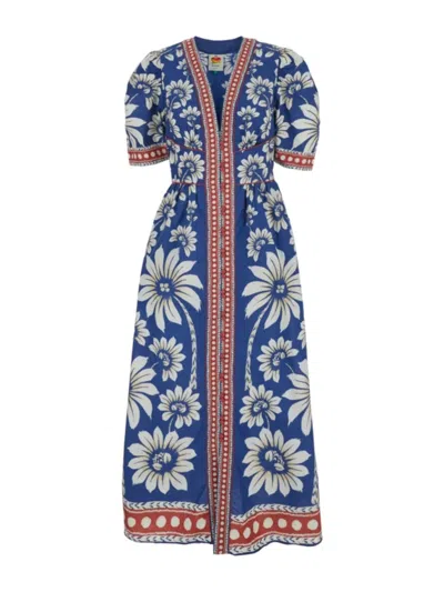 Farm Rio Luna Blue Long Dress With V Neck And All-over Floral Motif In Cotton Woman