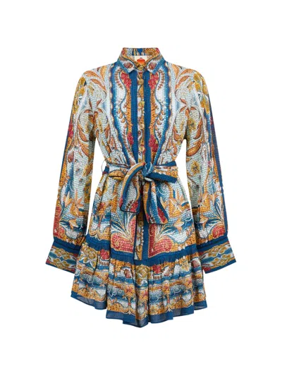 Farm Rio Blue Mosaic Garden Belted Mini Dress In Multi