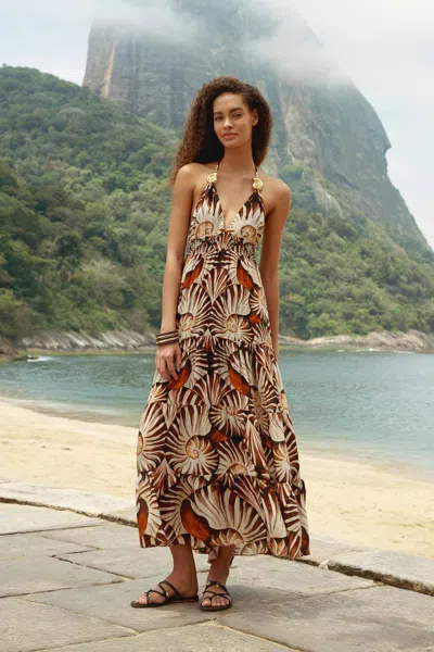 Farm Rio Multicolor Ammonite Tassel Smocked Maxi Dress In Brown