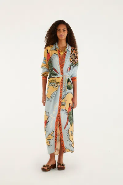 Farm Rio Multicolor Beaches Path Collared Buttoned Maxi Dress In Blue