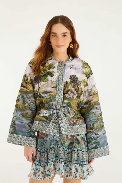 Farm Rio Multicolor Countryside Landscape Quilted Kimono Jacket In Countryside Landscape Multicolor