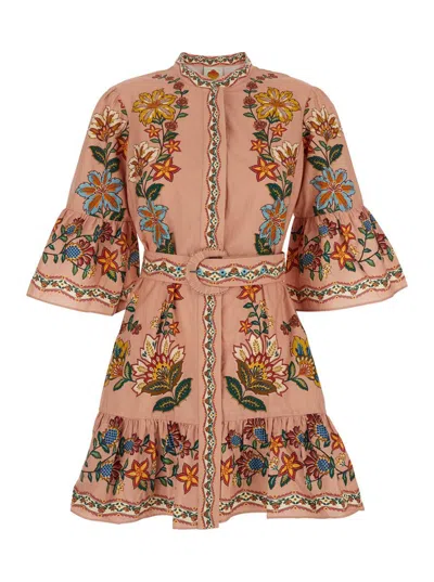 Farm Rio Multicolor Dress With All-over Floral Motif And Waist Belt In Fabric Woman