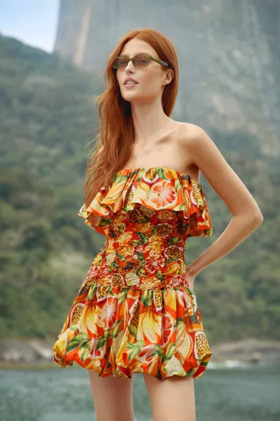 Farm Rio Multicolor Fruit Garden Red Smocked Balloon Mini Dress