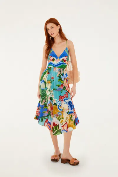 Farm Rio Multicolor Garden Of Life Back Ties Midi Dress In Blue