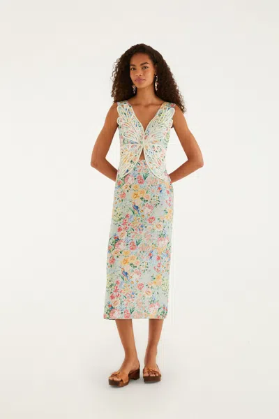 Farm Rio Multicolor Rendeira 3d Bodice Euroflax Premium Linen Midi Dress