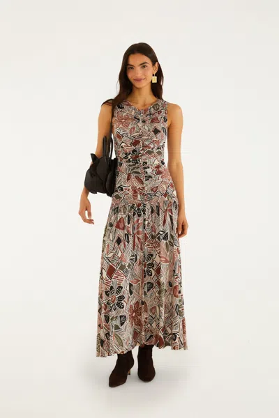 Farm Rio Multicolor Rustic Flowers Sleeveless Ruched Maxi Dress In White