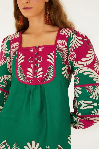Farm Rio Multicolor Spring Arabesc Long Sleeve Euroflax Premium Linen Mini Dress In Green