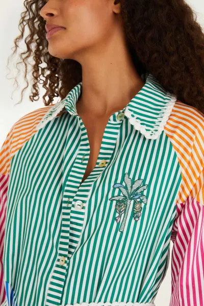 Farm Rio Multicolor Stripes Embroidered Belted Organic Cotton Midi Dress In Green