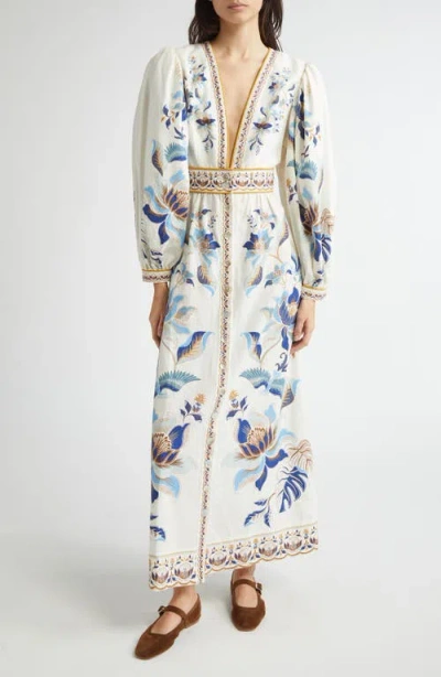 Farm Rio Mystic Blue Lotus Placed Print Long Sleeve Linen Blend Maxi Dress In White And Blue