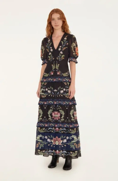 Farm Rio Natalia Floral Tiered Maxi Dress In Black