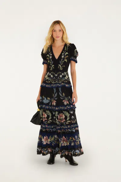 Farm Rio Natalia Floral-print Tiered Maxi Dress In Black
