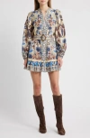 Farm Rio Nature Land Long Sleeve Belted Minidress In Neutral