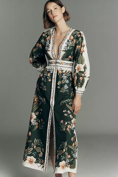 Farm Rio Nature Long-sleeve Plunge Maxi Dress In Green