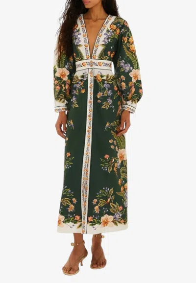 Farm Rio Green Nature V Neck Buttoned Maxi Dress