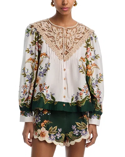 Farm Rio Sand Nature Lace Yoke Button-up Shirt In Multi