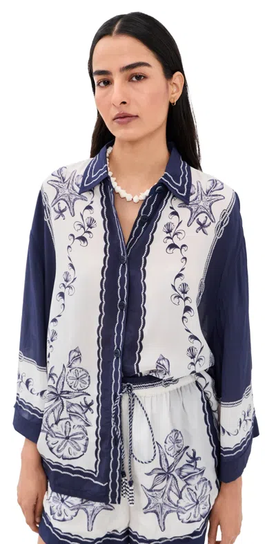 Farm Rio Nautical Scarf Button Down Shirt Coast Scarf Off White In Blue