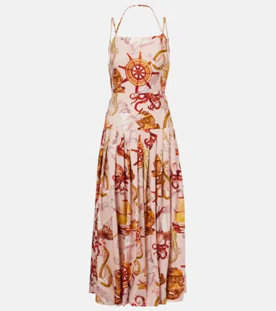 Farm Rio Nautical Wonder Linen-blend Midi Dress In Pink