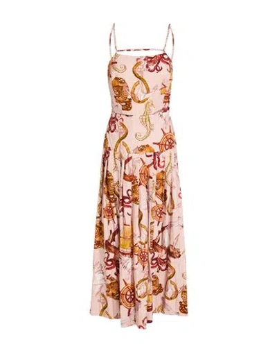 Farm Rio Nautical Wonder Pink Strappy Maxi Dress Woman Midi Dress Antique Rose Size Xl Linen, Viscos