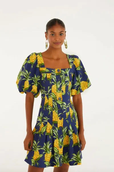 Farm Rio Navy Blue Delicate Pineapple Lenzing Ecovero Euroflex Mini Dress