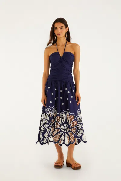 Farm Rio Navy Blue Embroidered Richelieu Midi Dress In Multi