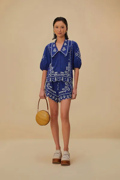 Farm Rio Navy Blue Embroidered Shorts