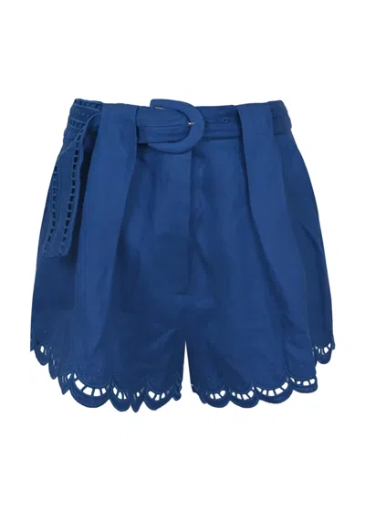Farm Rio Navy Blue Richelieu Belted Linen Shorts