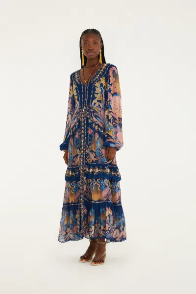Farm Rio Navy Blue Sea Garden Braid Details Maxi Dress