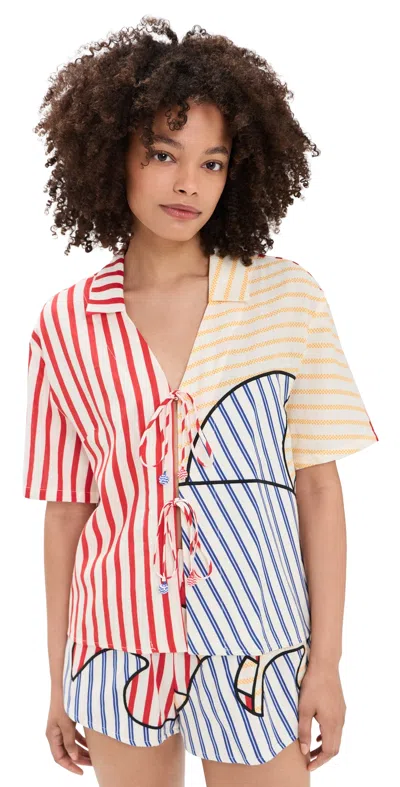 Farm Rio Navy Stripes Off-white Blouse Navy Stripes Off White In Neutral