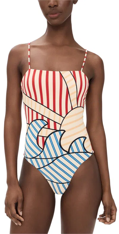 Farm Rio Navy Stripes Off-white One Piece Navy Stripes Off White In Neutral