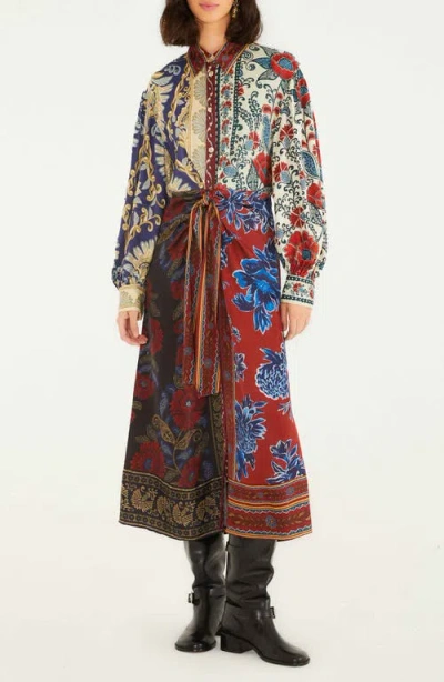 Farm Rio Navy Winter Mix Long Sleeve Midi Shirtdress In Multi
