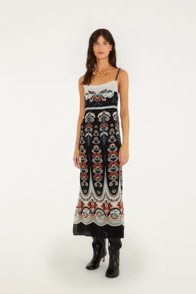 Farm Rio Nikita Winter Bead-embellished Printed Charmeuse Midi Dress In Black