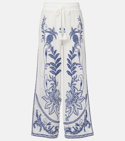 Farm Rio Nina Floral Embroidery Open Stitch Cover-up Pants In Blue