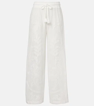 Farm Rio Nina Embroidered Cotton Pants In White