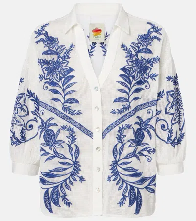 Farm Rio Nina Embroidery Open Stitch Cotton Cover-up Top In Blue