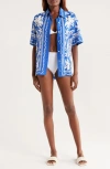 Farm Rio Ocean Oversize Linen Blend Cover-up Button-up Shirt In Blue